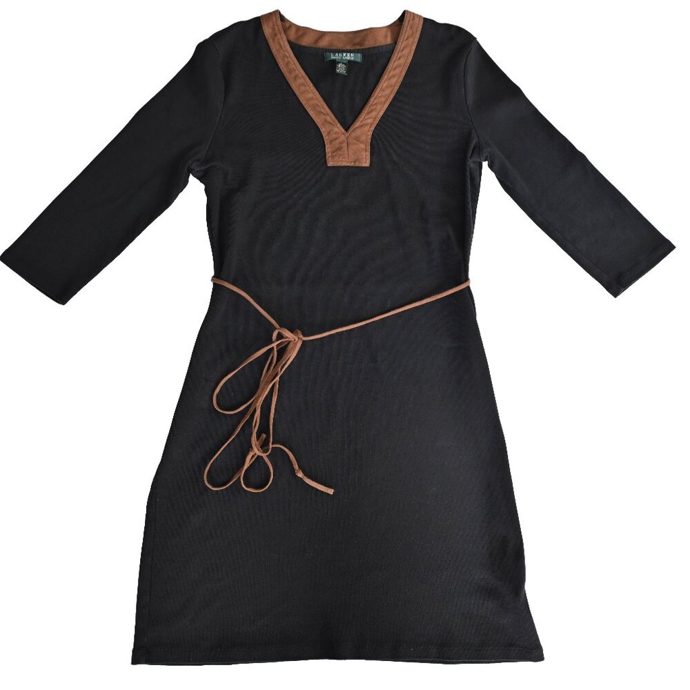 Vintage Lauren Ralph Lauren Black Dress with Faux Leather Trim-Size L